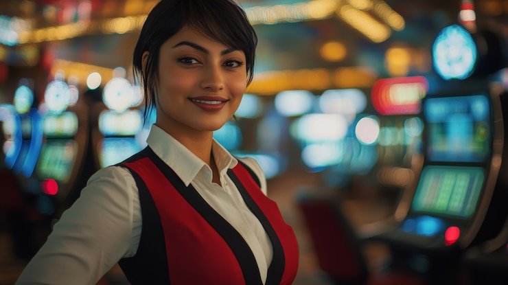 Pemainan poker online dengan dealer dan pemain berinteraksi melalui layar
